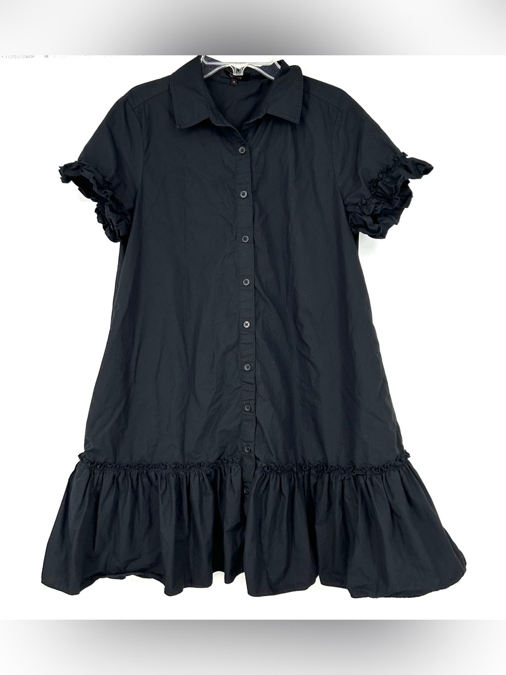 Quince Organic Cotton Poplin Short Sleeve Ruffle Shirt Dress Black